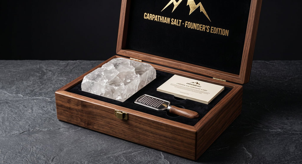 Batch 001 Founder's Edition walnut box with rock salt and grater