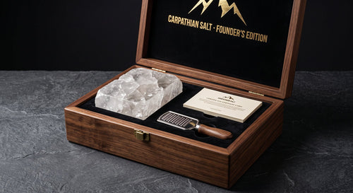 Batch 001 Founder's Edition walnut box with rock salt and grater